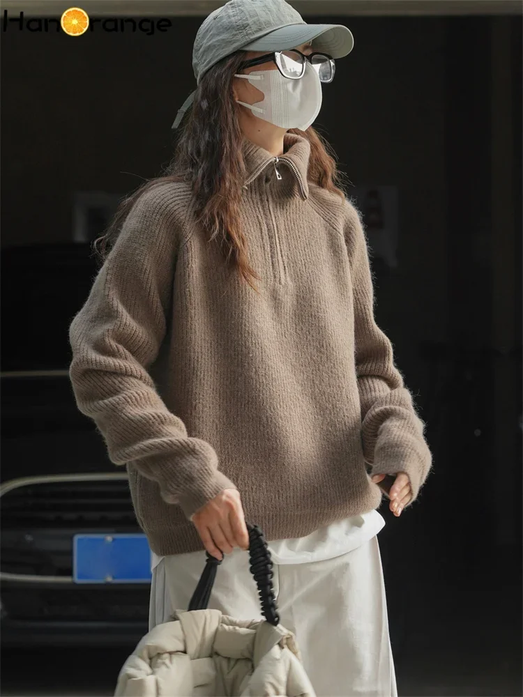 HanOrange 2024 Winter Lazy Half Open Warm Silhouette Sweater Casual Loose Soft Top Female Off White/Dark Gray/Light Gray/Coffee