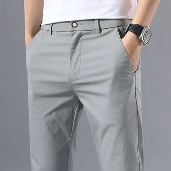 Pantalones finos para hombre, pantalones de Color liso, informales inteligentes, de negocios, elásticos, de algodón, formales, transpirables, 2022