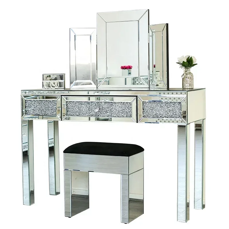 

Modern Diamond Crush Furniture Mirrored Dressing Table with Mirror and Stool Bedroom Pine Bedroom Sets Wooden Beds Solid Wood