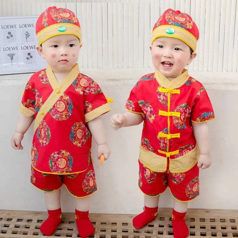 Baby Birthday New Chinese Style Flower Print Hanfu Children Lovely Two-piece Sets Boy And Girl Role Play Vintage Button Costume