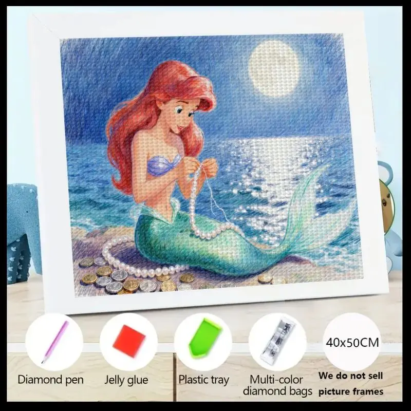 

1 шт. для детей и взрослых, набор для алмазной живописи «сделай сам», 5D, полная дрель, милый мультяшный Ариэль, Русалочка, принцесса на лунном пляже с жемчугом