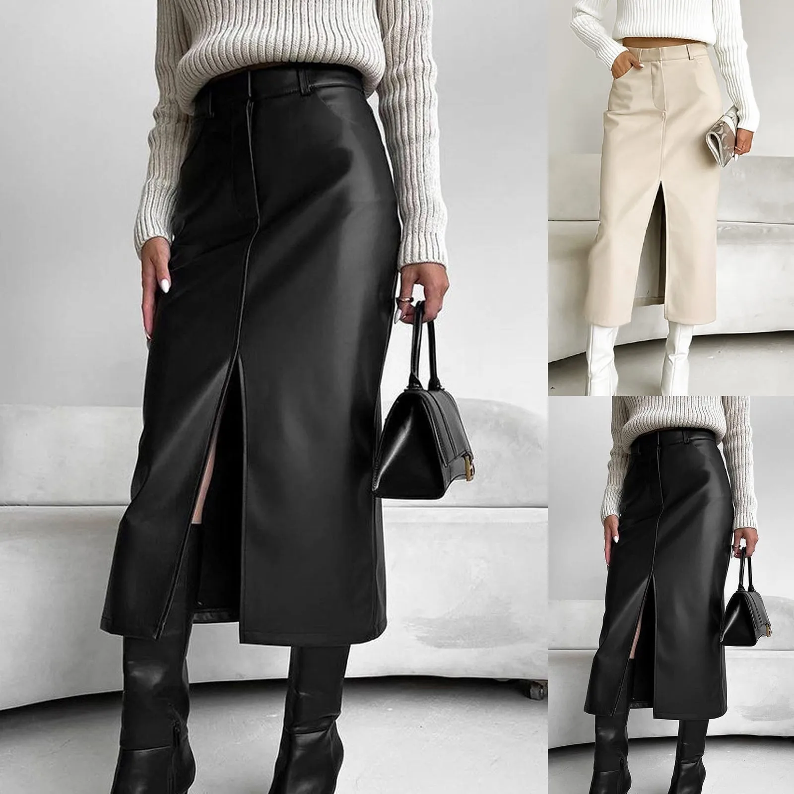 

Autumn And Winter Women's Padded Leather Skirt High Waist Split Half Skirt Fashion Versatile Solid Colour Half Body Skirt