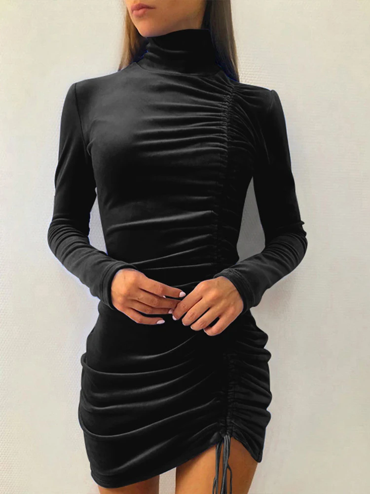 OMSJ 2024 Velvet Sexy Hot Girl Drawstring Solid Glamorous Dresses Bodycon High Waist Turtleneck Fashion Street Club Date Outfits