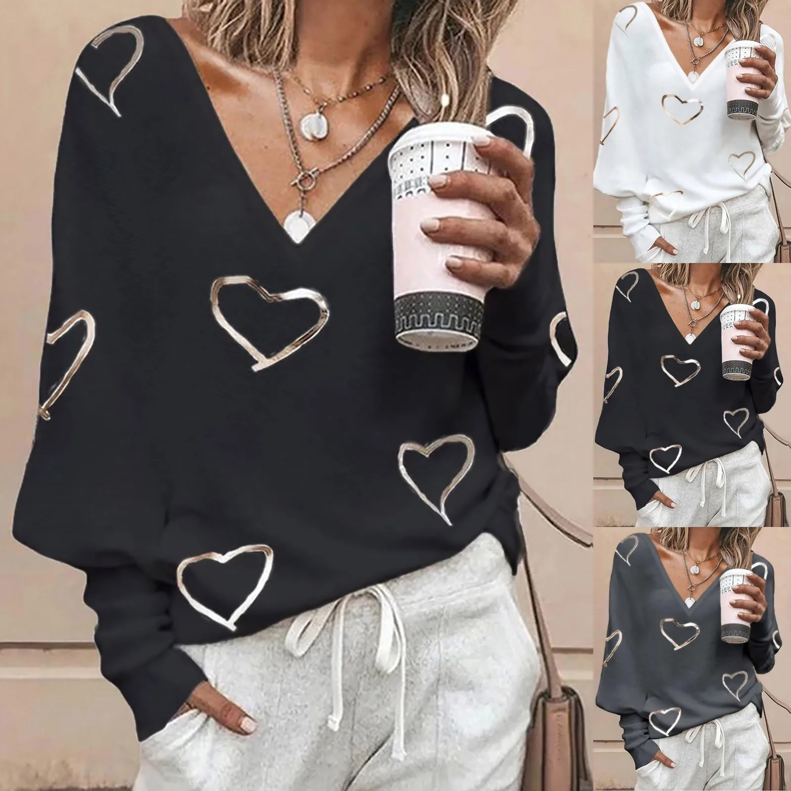 Elegant Heart Bronzing Print V-Neck Women Blouse Summer Long Sleeve Pullover Ladies Shirts Casual Loose Femme Streetwear Blusa