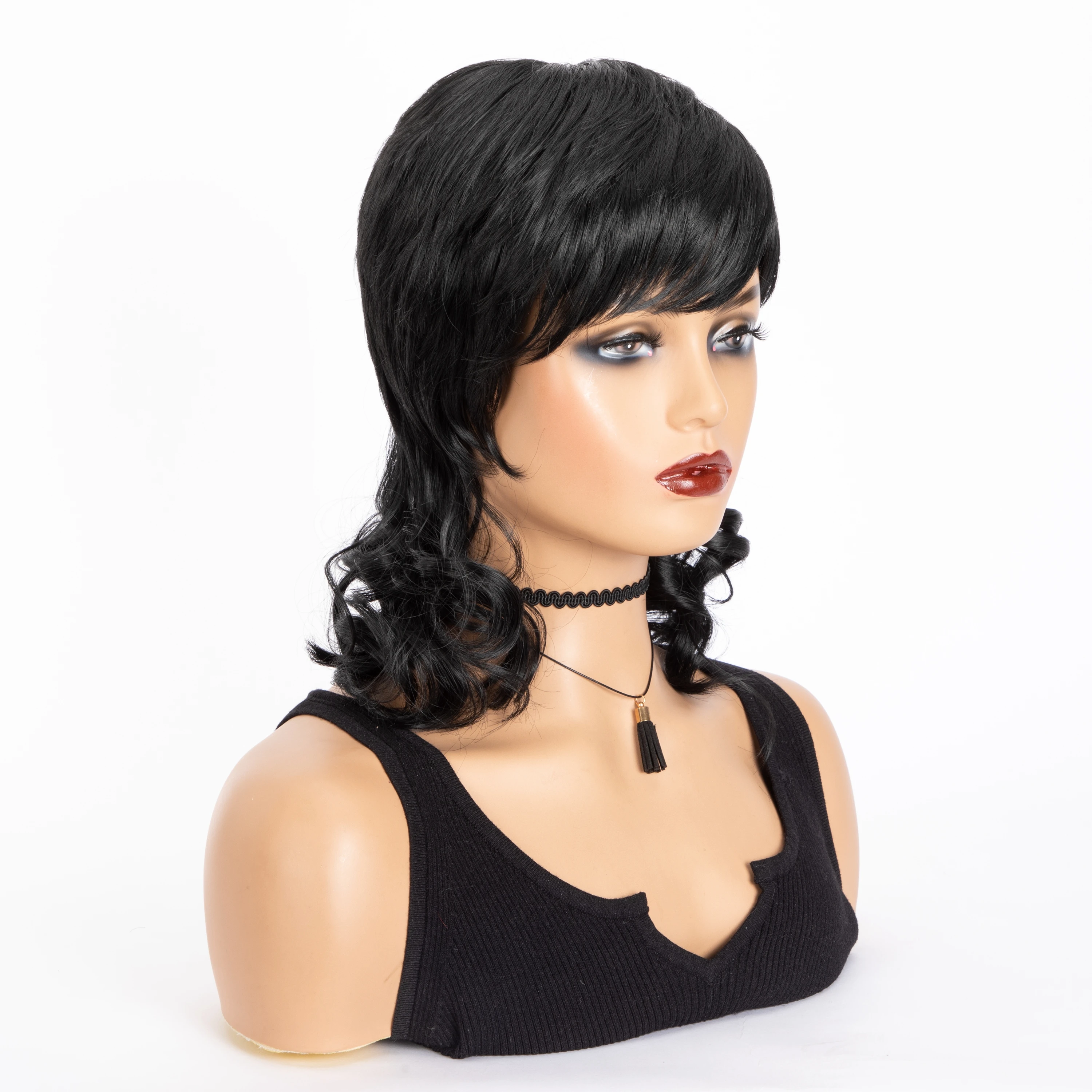 WIGERA Synthetic Highlight On Sale Black  Short Straight Pixie Cut Hair Bob Wig With Long Wavy Wave Curly Bangs Hair For Women