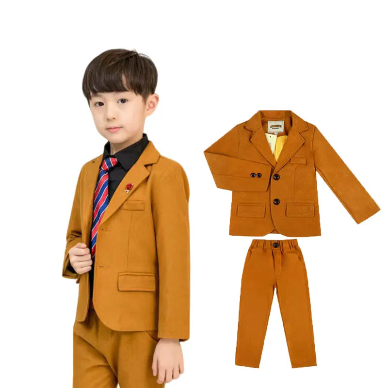 Clearance Stock Sale Boys Spring Yellow 2Pieces Jacket Pants Photography Suit Kids Wedding Ring Bearer Dress Children Costume