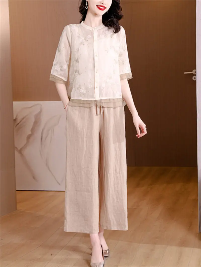 Summer Large Size Ramie Fashion Suitt Spliced Embroidered Shirt High Waist Trousers Wide Leg Pants Cotton Linen 2 Piece Set D004