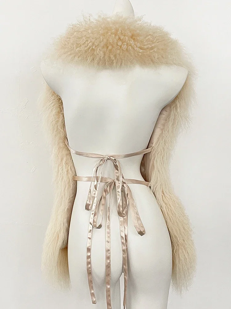 Women Outerwear Coat Solid Deep V-Neck Backless Bandage Sleeveless Jackets Fluffy Luxury Real Mongolian Fur Halter Vests