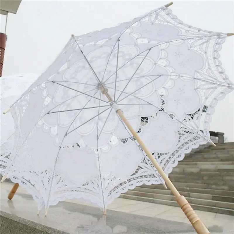 FLYY-5PCS 80 cm viktorianischer Hochzeitsschirm mit Spitzenstickerei, weiß – Detail 3