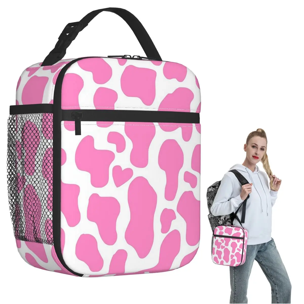 Strawberry Cow Insulated Lunch Bag for Women Kids Portable Food Boxes Thermal Lunch Box Tote
