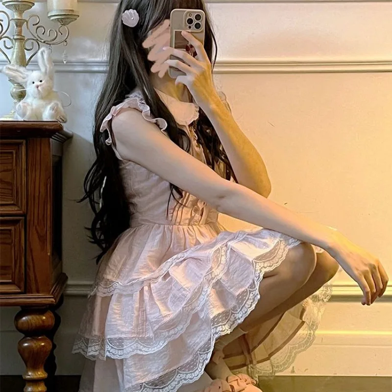 Kimotimo Japanese Sweet Princess Dress 2025 New Doll Collar Ruffles Waist Patchwork Lace A Line Mini Dresses Fairy Y2k Vestidos