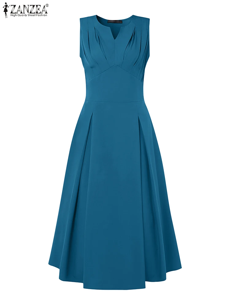 ZANZEA แขนกุดเดินทางสํานักงาน Robe เอวสูง Elegant สีทึบ A-Line Midi ชุดเดรสแฟชั่นผู้หญิง V คอ Vestidos