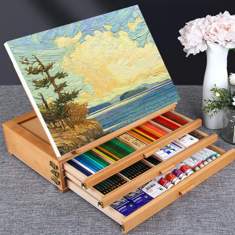 Artist Wooden Easel for Painting with Drawer Table Box Portable Desktop Mesa De Dibujo Suitcase Drawing Hardware Art Supplies