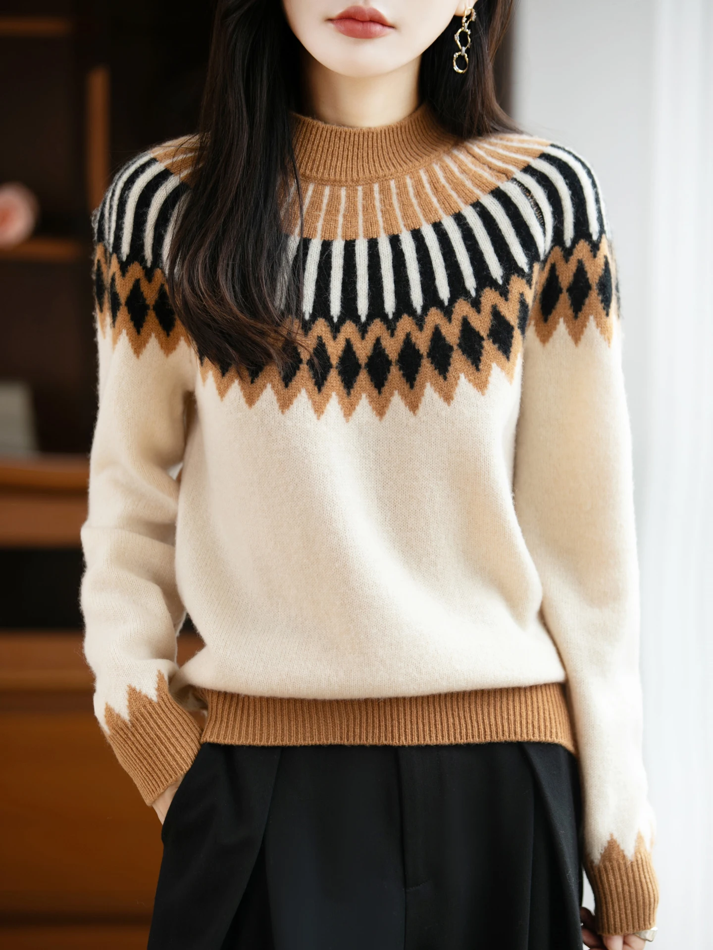 

TLOML женский винтажный свитер с воротником-стойкой, трикотаж из 100% мериносовой шерсти, жаккардовый пуловер, осень-зима, мягкие теплые удобные женские топы