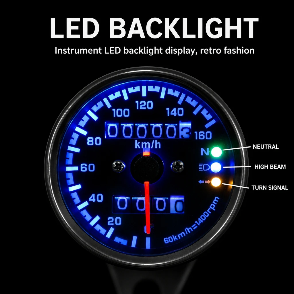 12V Chrome Retro Motorcycle Speedometer Dual Odometer LED Indicator Mechanical Gauge 0-160km/h For Harley Cafe Racer Modified