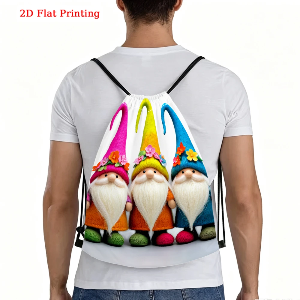 Cartoon 2D Flat Print Three Gnomes Pattern Drawstring Backpack, Fitness Sports Outdoor Travel Bag