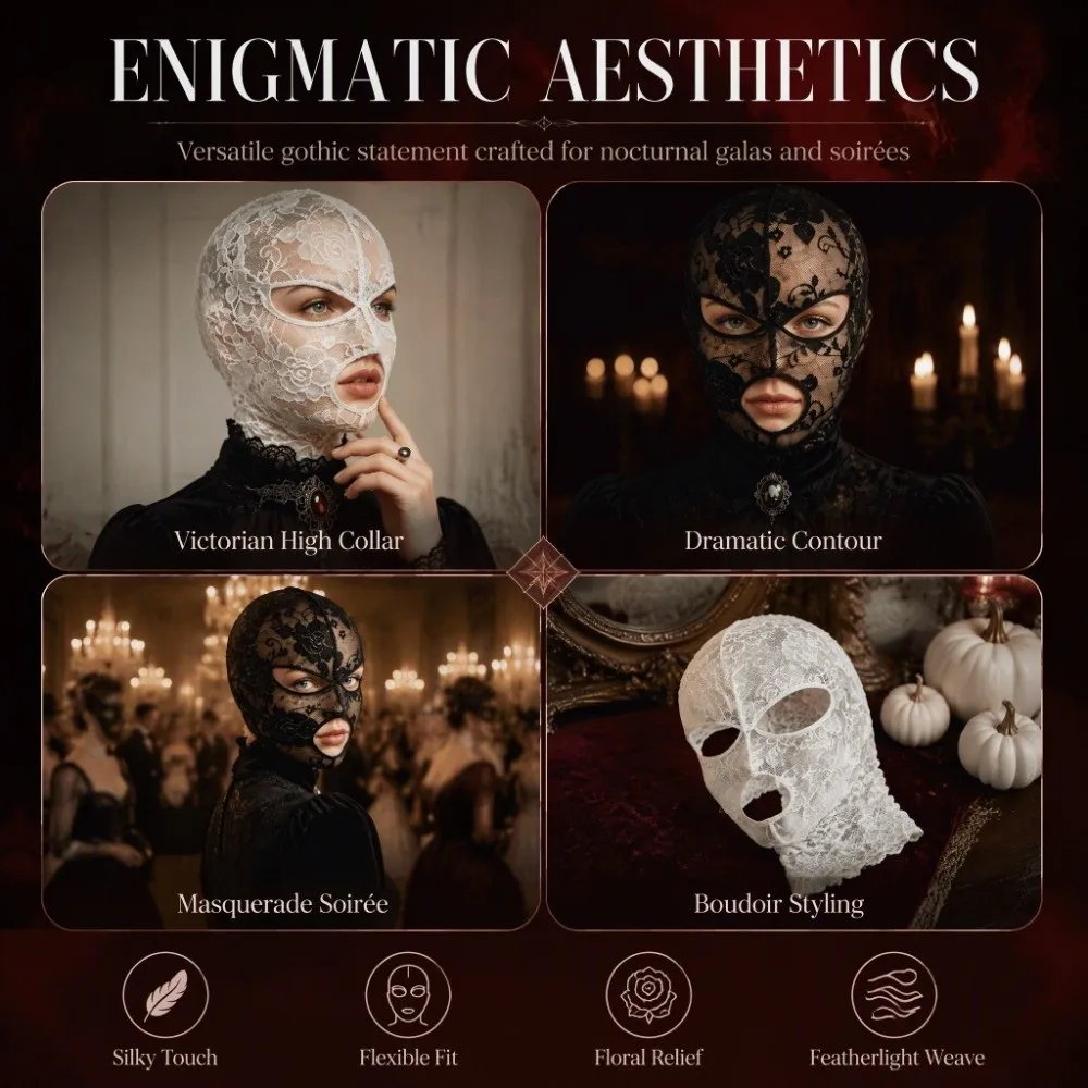 Vintage Halloween Head Cover Quick-dry Breathable Gothic Lace Mask With Eye Mouth Openings Elegant Unisex Full Face Headgear