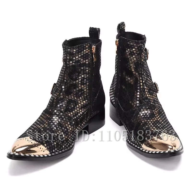 Bling Sequin Double Buckle Men Chelsea Boots Luxury Design Handmade Metal Toe Ankle Boots Fashion Male Dress Shoes Large Size