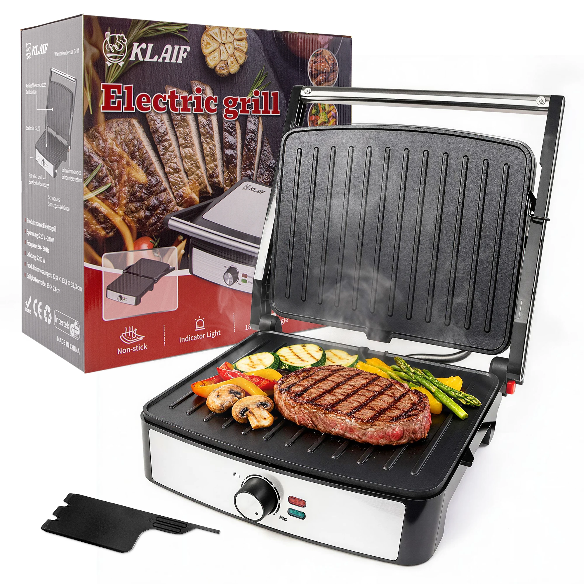 Image of 2200W Doppelseitige Heiz-Steakgrillmaschine 180° ° Faltbare Große Antihaft-Panini-Presse mit Temperaturregelung