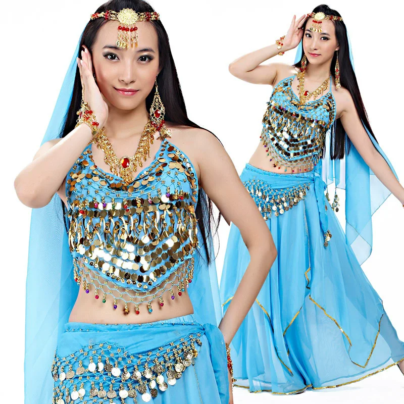 

Indian Style Bollywood Dance Costume Belly Dance Wear With Colorful Small Bell Sequins Women Indian Costume Top Veil Hip Scarf
