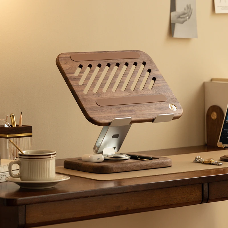 Solider Holz-Laptopständer mit 360°-Drehfunktion °   Rotierbarer Höhenverstellbarer MacBook-Halter Laptop-Ständer FAS-Qualität Schwarznuss