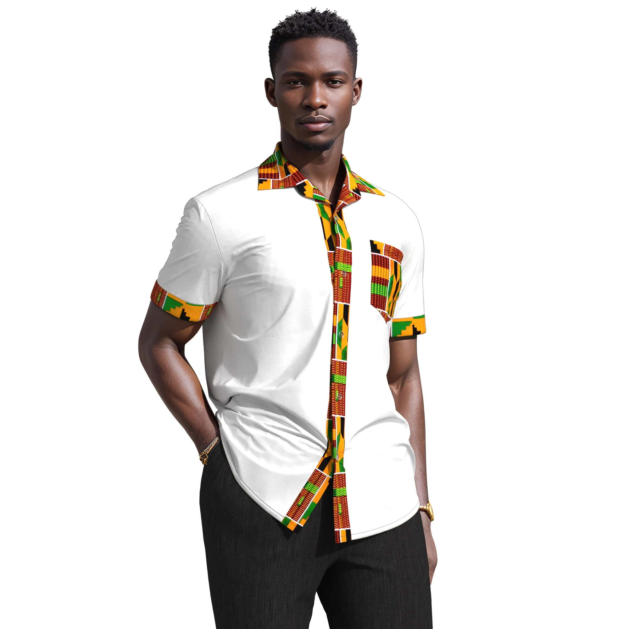 African Shirt Men Short Sleeve Square Collar Shirt Bazin Riche Tops Casual African Print Shirt Causal Party Office Shits Kg111