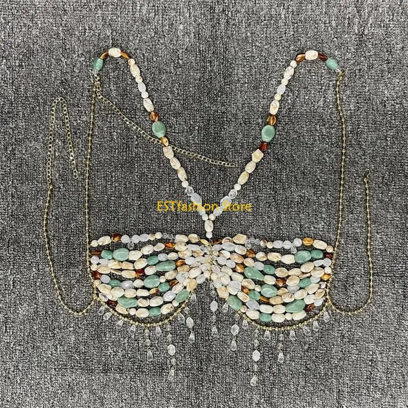Y5GC Colorful Irregular Beaded Harness Bra Chest Chain for Women's Party Beach Crystal Tassels Body Jewelry Crop Top