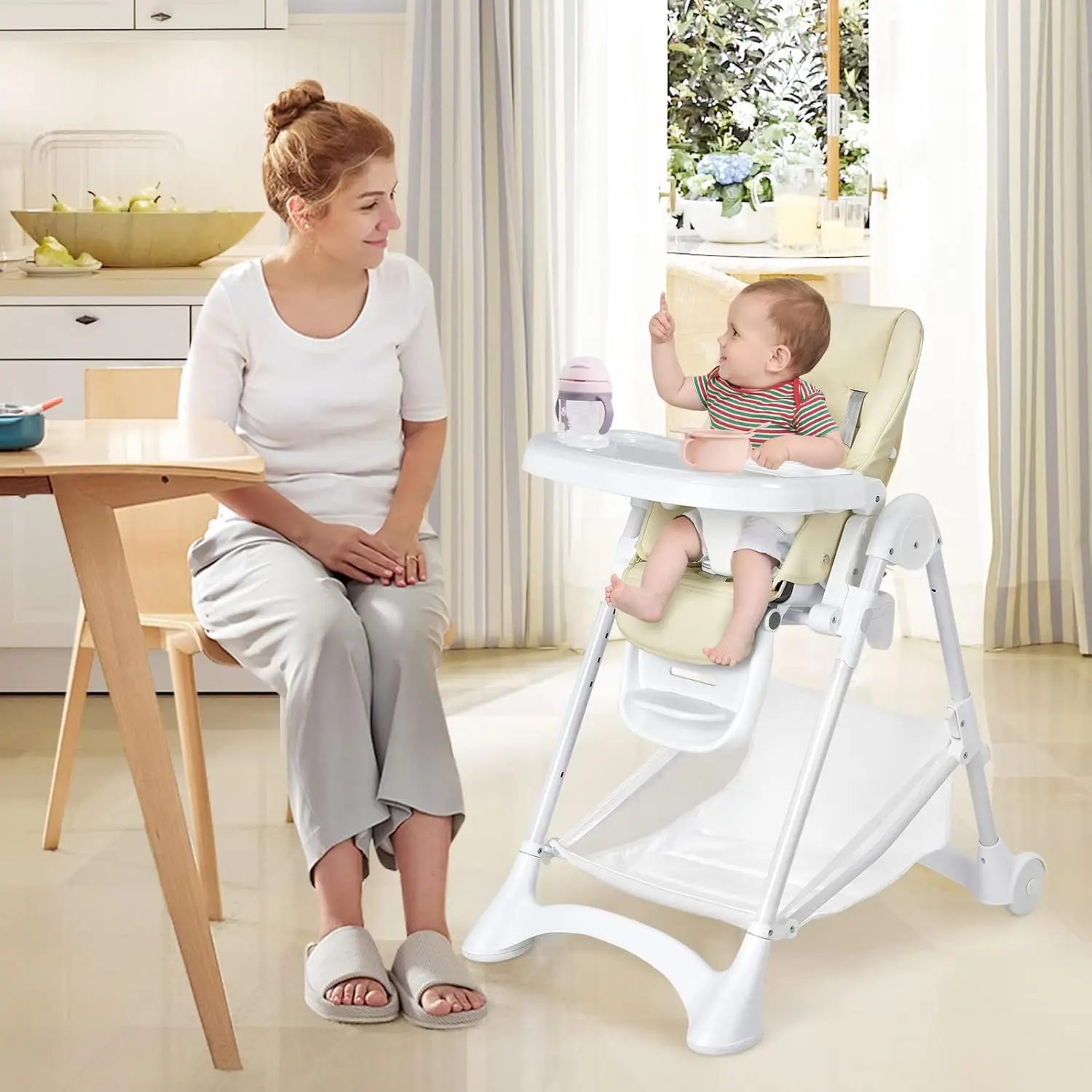 Baby High Chair, Foldable Highchair for Babies and Toddlers, Detachable Trays & PU Leather Seat Cushion,