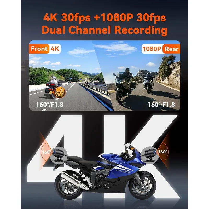 F1 Motorcycle 4K Front and Rear Dash Cam, 4K + 1080P Motorcycle Camera, GPS, Full Body Waterproof, Wi-Fi, 160°Wide Angle