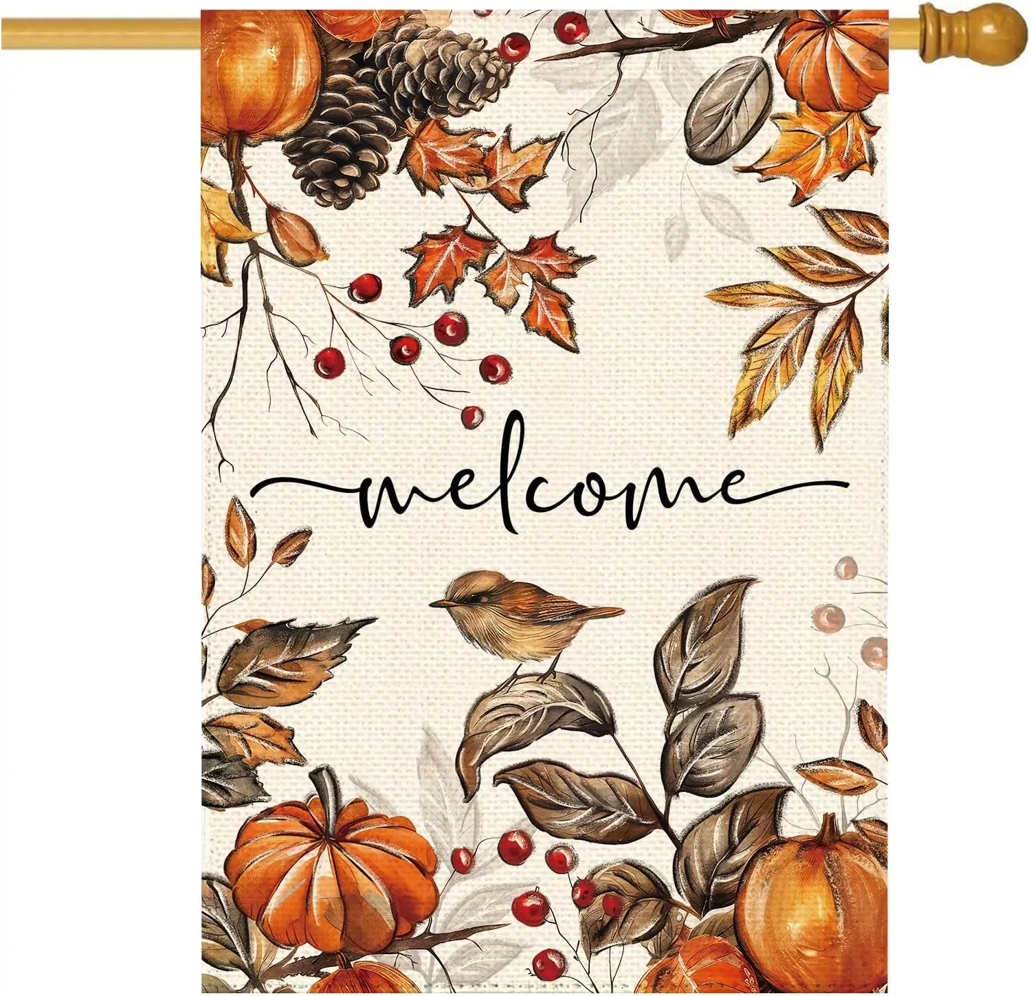 Fall Pumpkin Birds Welcome Garden Flag 28 x 40 Inch, Autumn Thanksgiving Berries Burlap Double Sided Large Flag Yard House F UUN