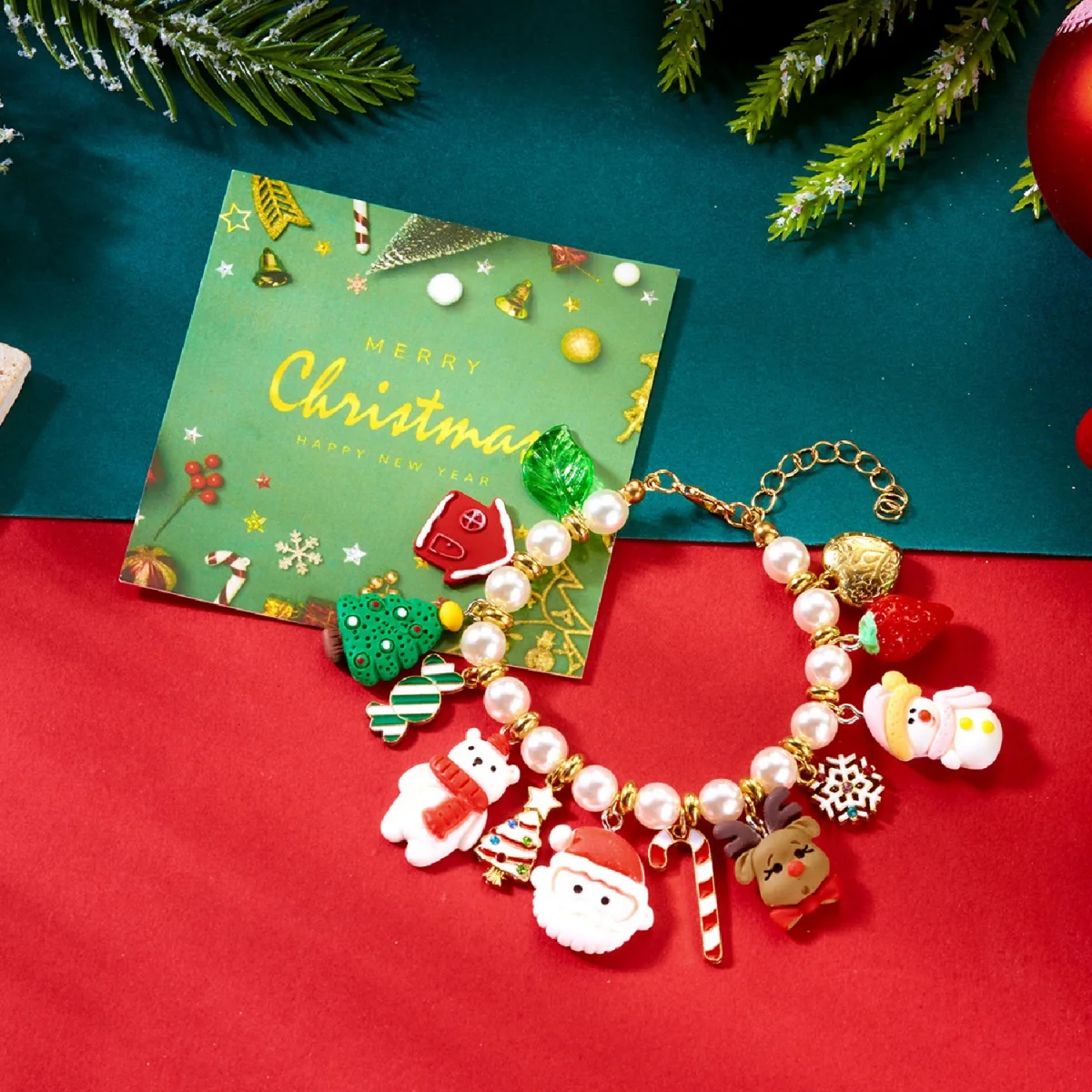 Weihnachten Armband Harz Santa Claus Deer Schneemann Stern Lebkuchen Baum Erdbeere Imitation Perle Armreif Schmuck Für Frauen Männer