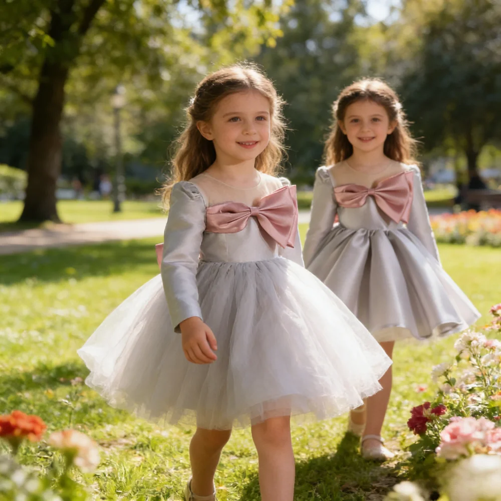 Kids First Birthday Princess Ball Gown Long Sleeve Host Party Formal Children Dresses Puffy Dress for Girls Piano Performance