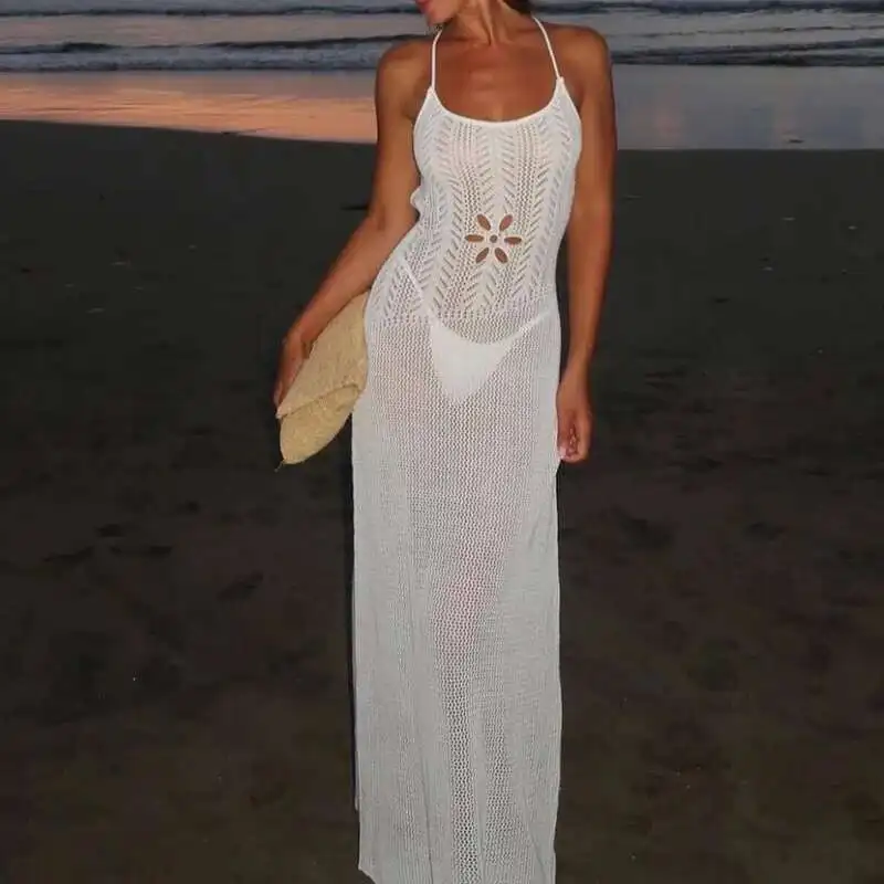 Jacquard scava fuori scollo a U spiaggia bikini sexy lavorato a maglia bretella aderente lungo da donna elegante abito con fasciatura incrociata