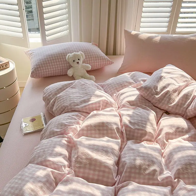 

Комплект постельного белья Ins Pink Plaid без наполнителя, размеры Twin и Queen: пододеяльник, простыня, наволочка, однотонное одеяло для девочек и мальчиков