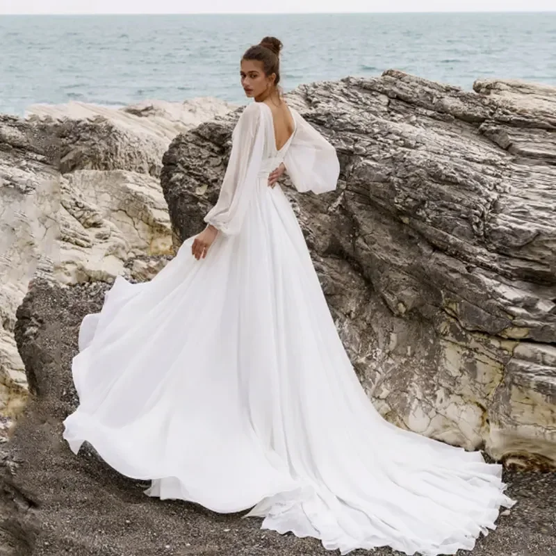 

Sexy High Split Long A-line Wedding Dress For Women Bride Beach V-Neck Lace Bridal Gowns Long Puff Sleeve Robe De Marié
