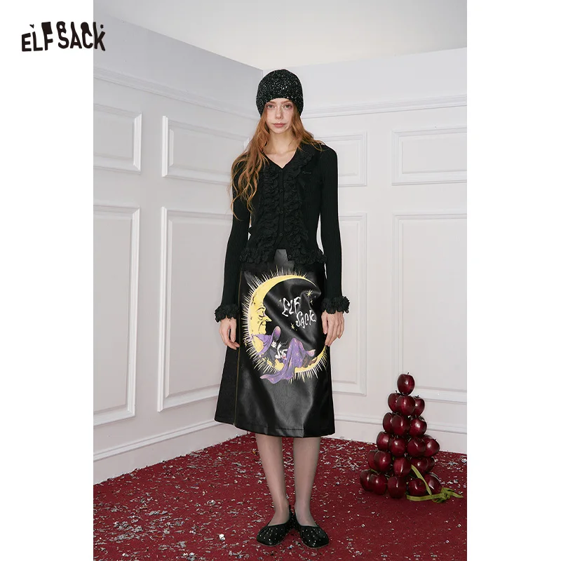 ELFSACK Sweet Cotton Midi Skirt Winter Denim PU Leather Patchwork Metal Zipper Cartoon Print Retro Versatile Female Skirt