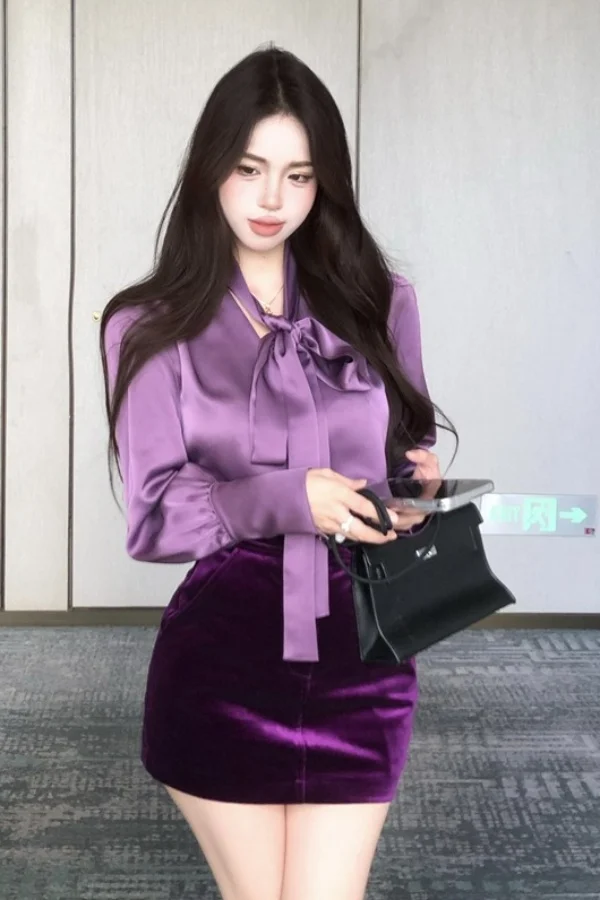

​​Pureddora V Neck Ribbon Blouse Velvet Bodycon Mini Skirt Women French Luxe Satin Lush Texture Coordinated Outfit​​