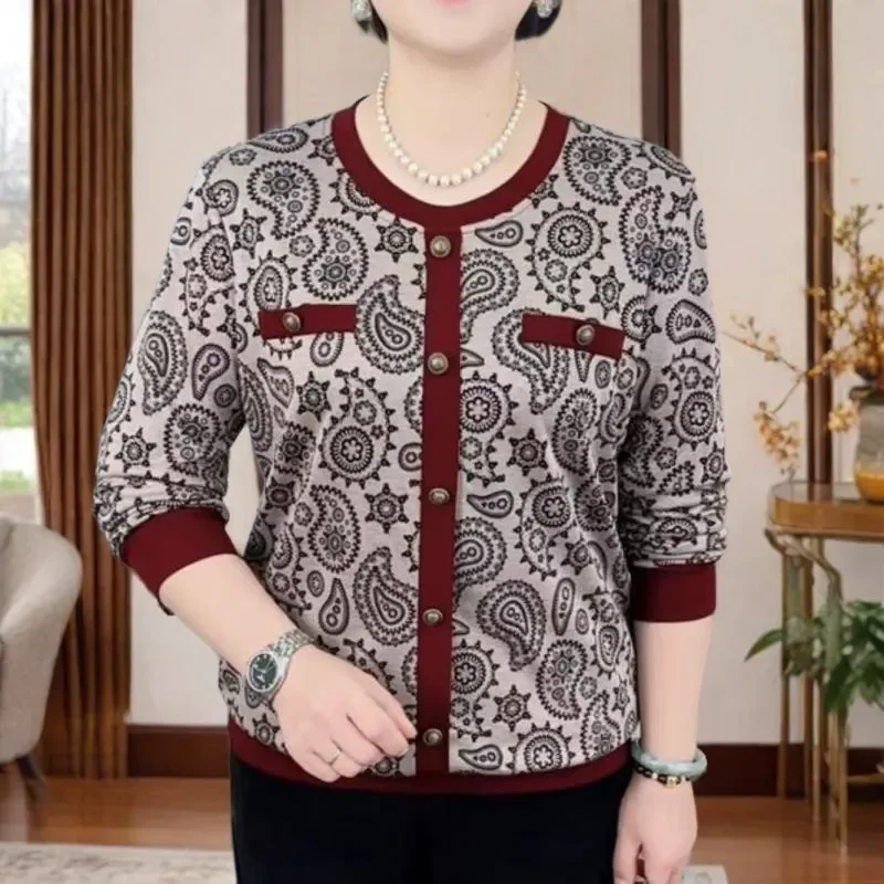Women Paisley Print Contrast Trim Cardigan Round Neck Fake Pocket Long Sleeve Casual Knit Outerwear