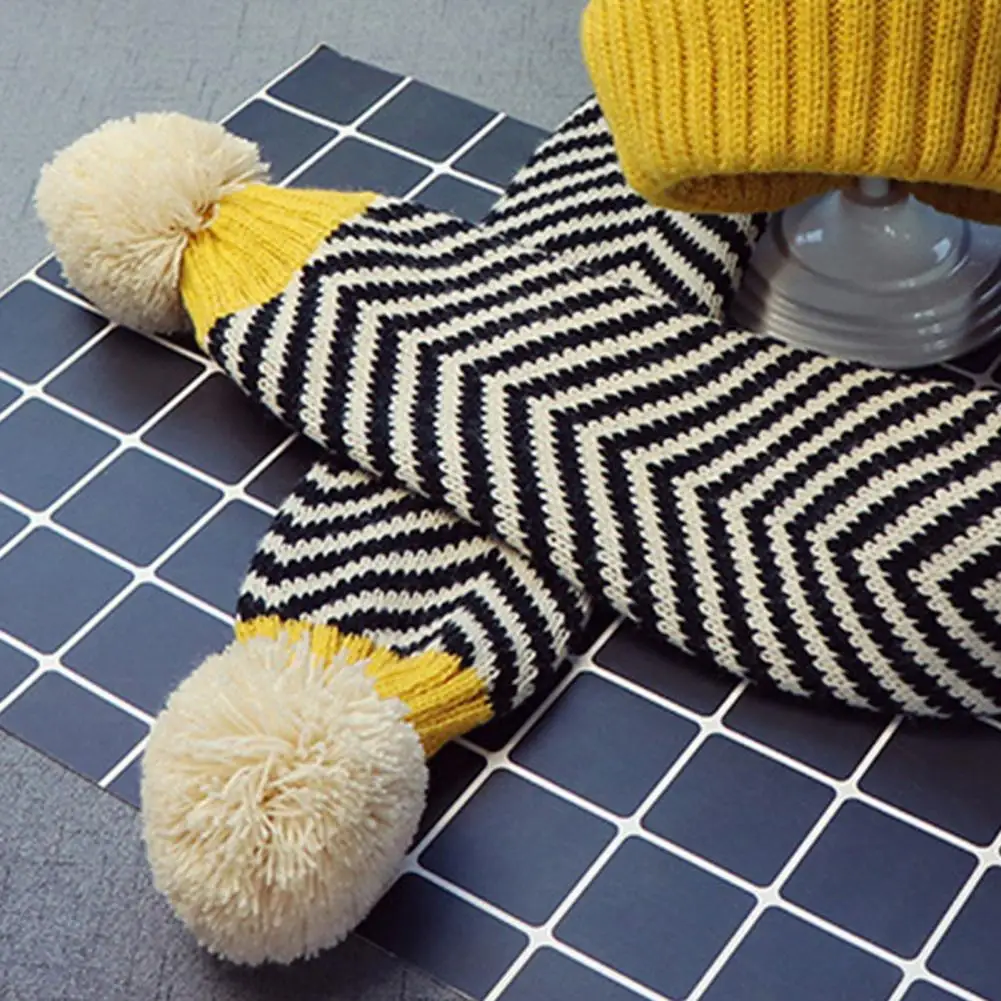 Elastic Baby Hat Scarf Kids Autumn Winter Hat Scarf Set Plush Ball Decor Knitted Brimless Hat Striped Print Cozy for Children