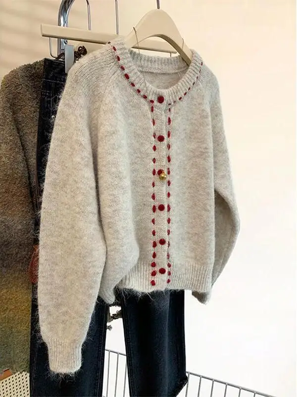 Soft Oatmeal round Neck Knitted Sweater Coat Women Spring Autumn Short Style Color Block Cardigan Comfortable Female Top