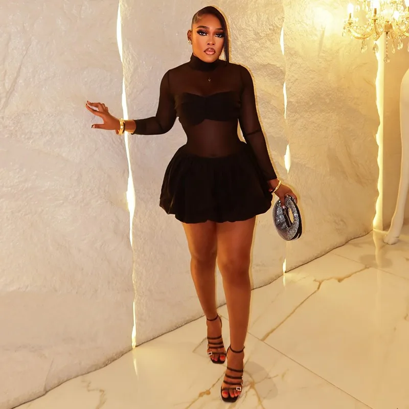 レディース スタンドカラー 胸元ラップ ロングスリーブ フリル Aライン ミニドレス、ガーゼスプライス わずかに透ける、セクシー