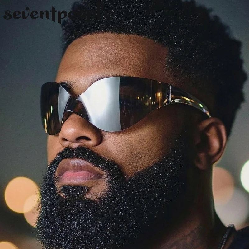 

Oversized Y2K Punk Mask Rimless Sunglasses Men 2026 Luxury Brand Vintage One-Piece Shield Sun Glasses Wrap Around Eyewear Shades