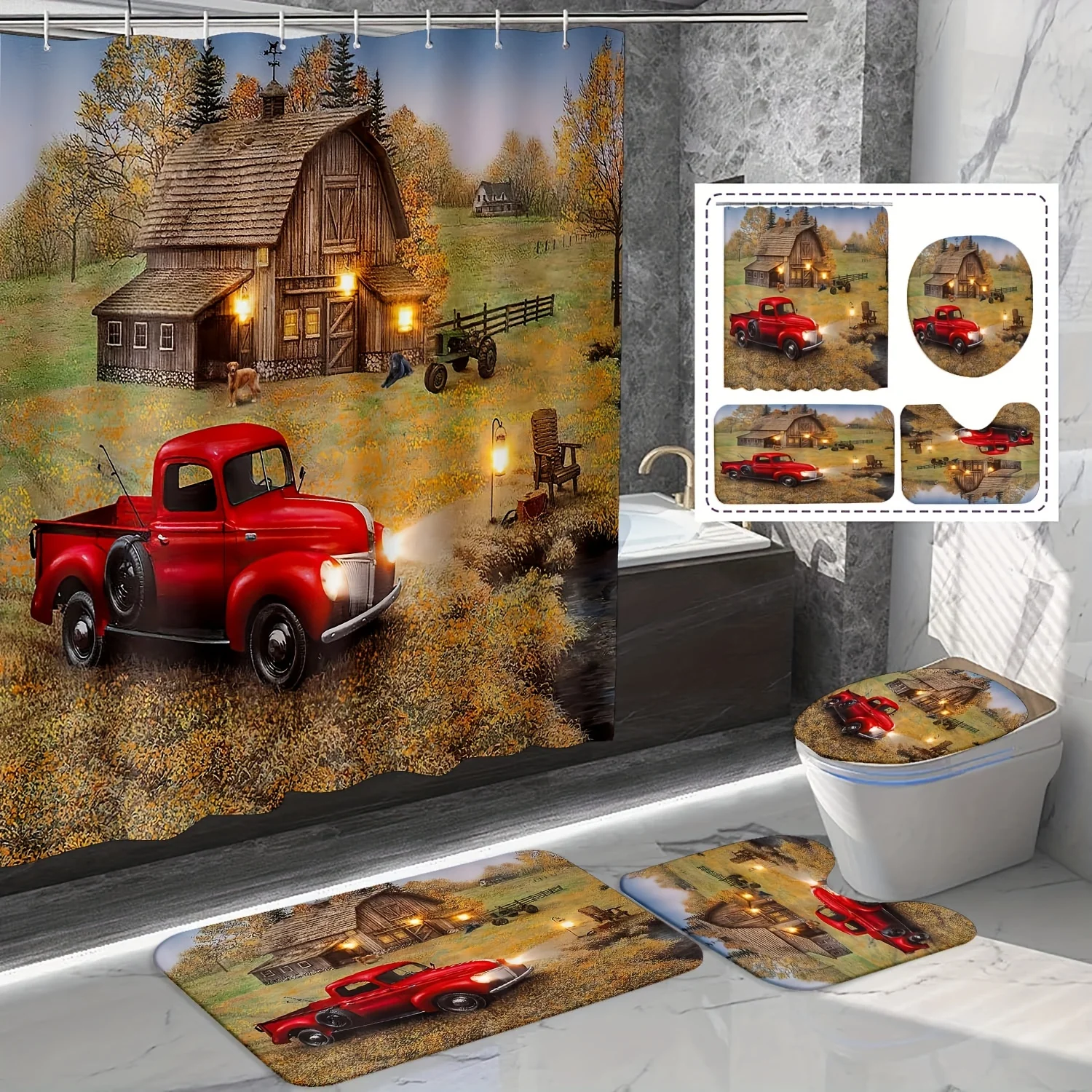 

Набор из четырех предметов для ванной комнаты Rustic Charm — уютная водонепроницаемая занавеска для душа для полного набора для ванной комнаты
