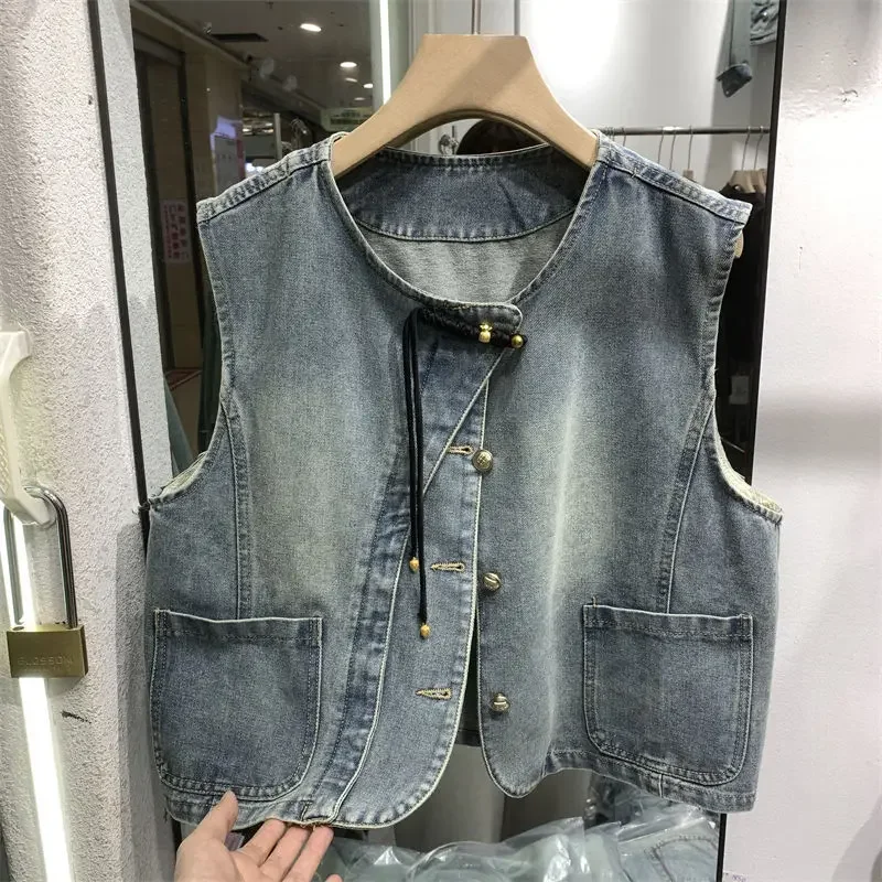 Cowboy vest women's new Chinese tank top vest 2024 summer and autumn new irregular design sleeveless vest with buckle.