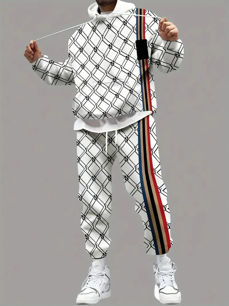 The new men's set for Spring and Autumn 2025 features a casual fashionable soft and comfortable 3D checkered pattern print