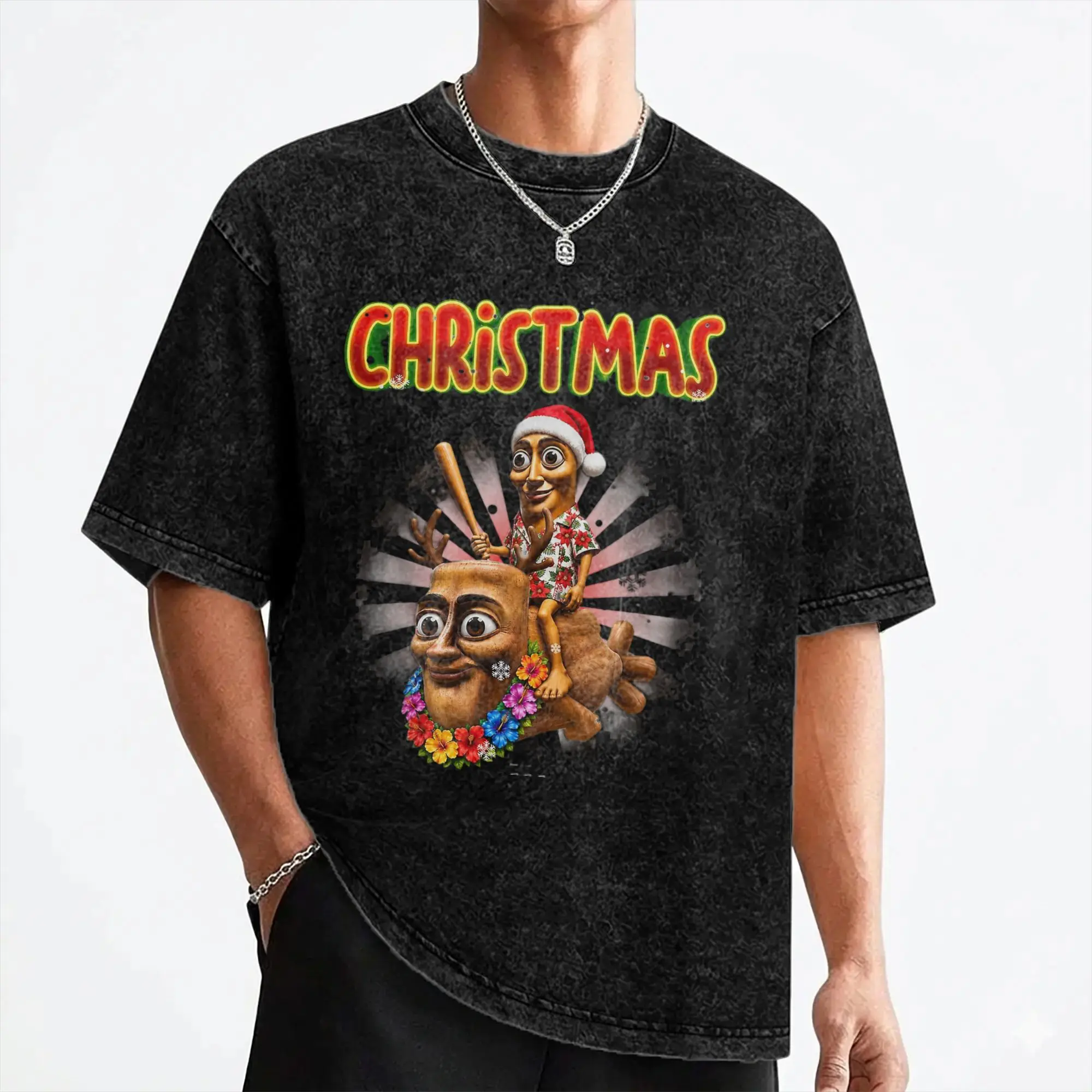 Funny Flying Tung Tung Sahur Christmas  Meme T Shirts Hip Hop Washed Cotton Harajuku T-Shirts Men Women Tops Streetwear Tees