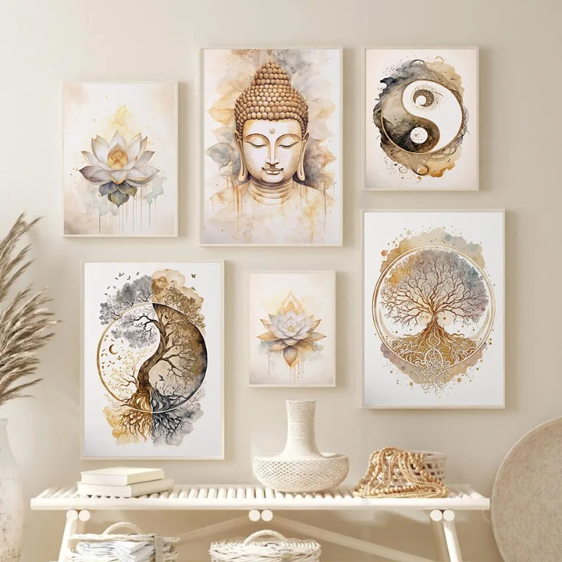 Tree of Life Buddha Lotus Flower Zen Yoga Meditation Spiritual Vintage Wall Art Poster Print Canvas Painting for Room Home Decor