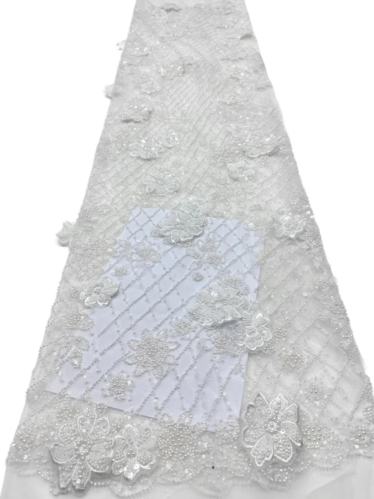 

African Beaded Tulle Lace Fabric High Quality Luxury French Nigerian Sequins Mesh Tulle Lace for Party Dress Sewing