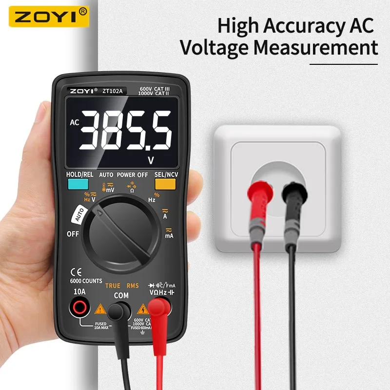 Multímetro Digital ZOYI ZT-98/100/101/102/102A com Seleção Automática de Faixa, 6000 Contagens, Amperímetro, Voltímetro, Ohmímetro, Frequencímetro, True RMS, Portátil