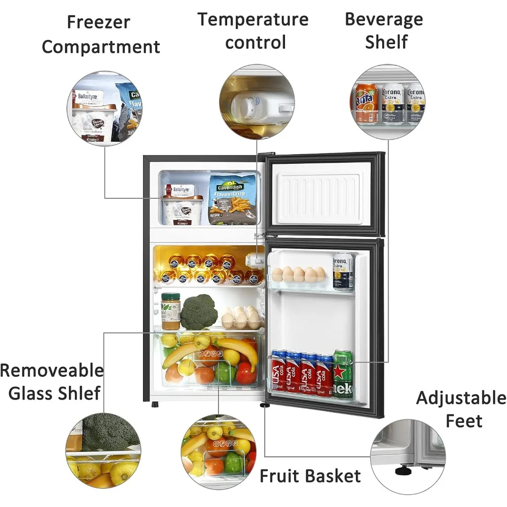 Mini refrigerador de 3,2 pies cúbicos con congelador, refrigerador compacto de 2 puertas con poco ruido, para dormitorio, sala de estar, dormitorio, cocina, oficina